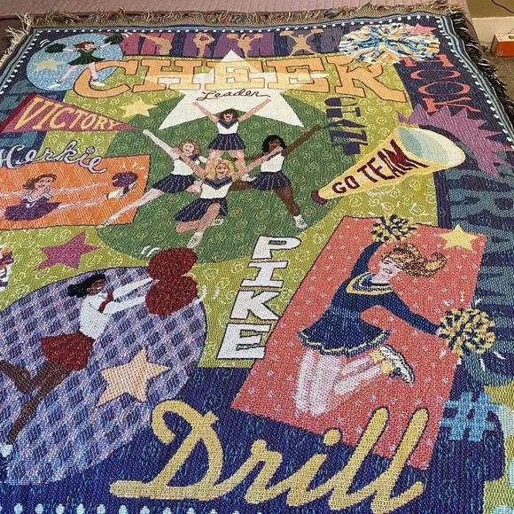 VTG Tapestry Blanket Woven Throw Cheer Fringe 45”x53”Cheerleading Cottagecore - Picture 3 of 7